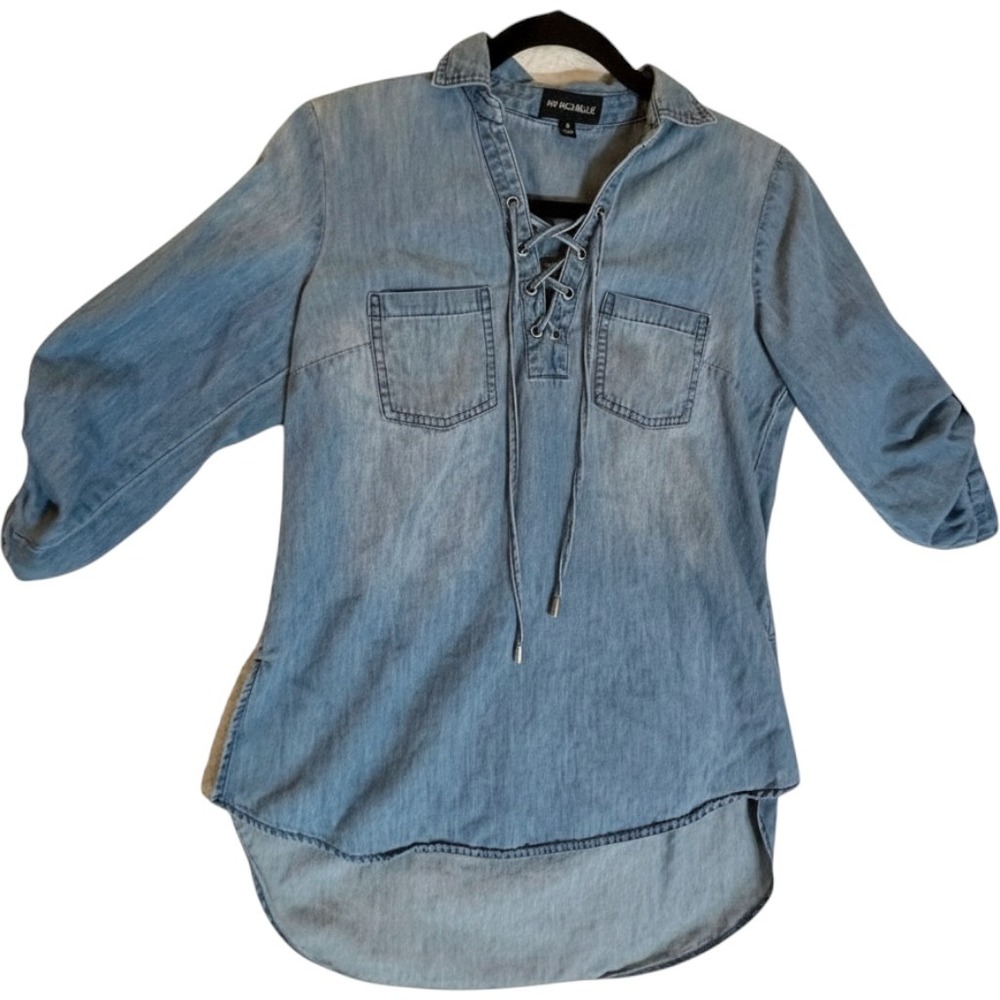 My Michelle Womens Small Blue Chambray Lace Up Denim Tunic Roll Tab Sleeve Top